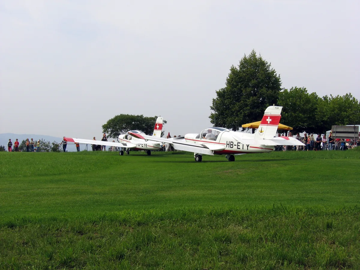 Die Fluggruppe bot unter anderem Rundflüge an - und ihre Flieger waren immer wieder ein Zuschauermagnet. Man sieht Flugzeuge auf einer Wiese.